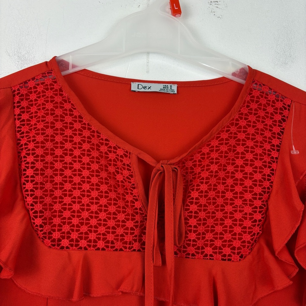 Dex Red Sleeveless Ruffled Tie Front Blouse Boho Feminine Lace Detail Top - Picture 4 of 8